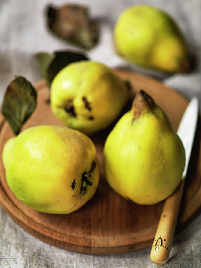 English Quinces On A Board With Knife Photograph by Michael Paul