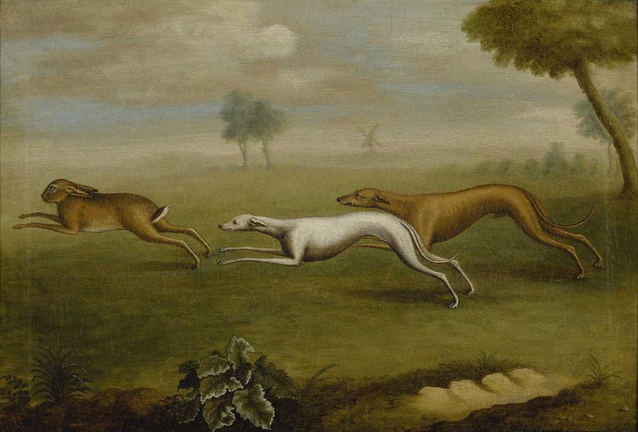 Nature Painting - English School, 19th century GREYHOUNDS IN PURSUIT OF A HARE by Celestial Images