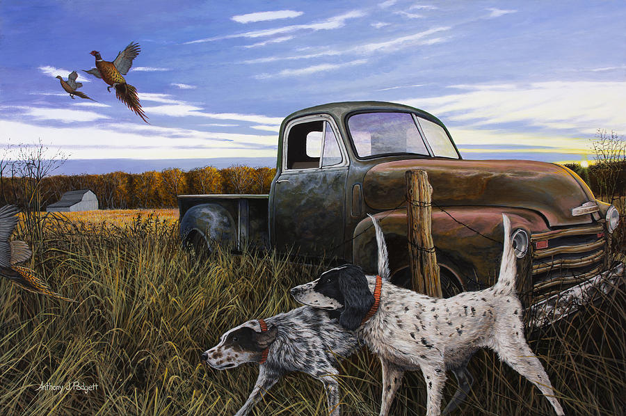 English Setters with Old Truck Painting by Anthony J Padgett