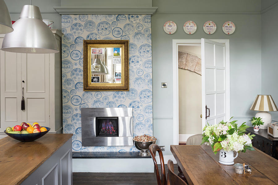 English-style Kitchen-dining Room With Open Fireplace And Patterned ...