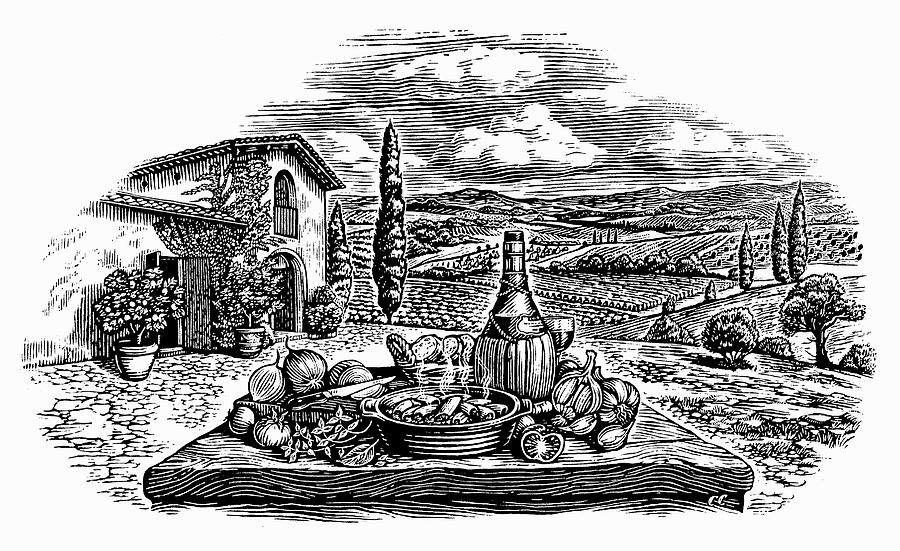 Engraving Of Wine And Pasta In Idyllic Photograph by Ikon Images