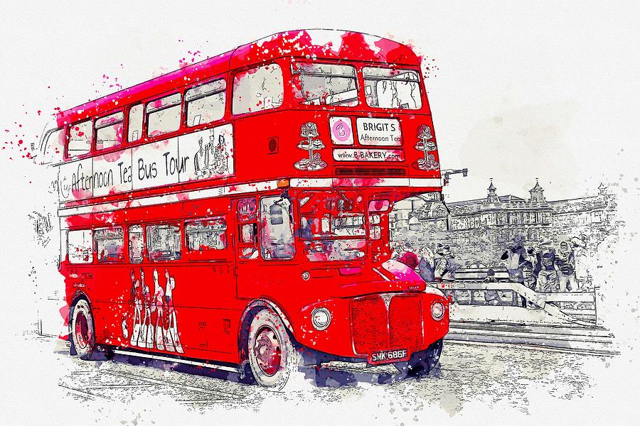 Enlish Red Bus - watercolor by Ahmet Asar Painting by Celestial Images