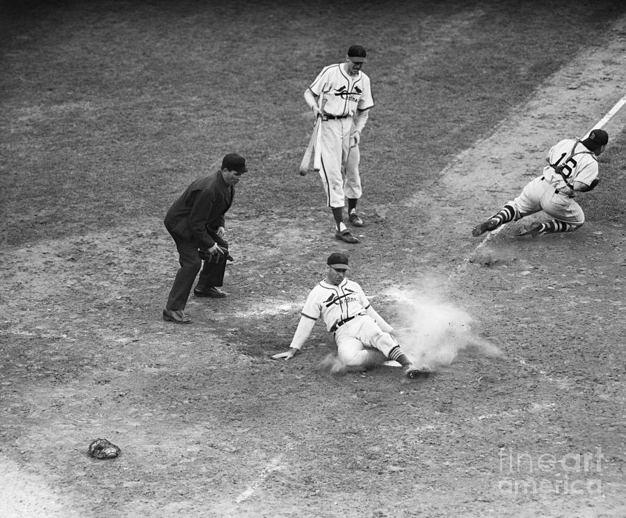 Enos Slaughter Sliding Into Home Plate Photograph by Bettmann