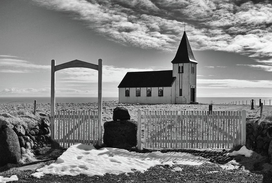 Entrance Gate and Distressed Old Church Coastal Iceland Black and White Photograph by Shawn OBrien