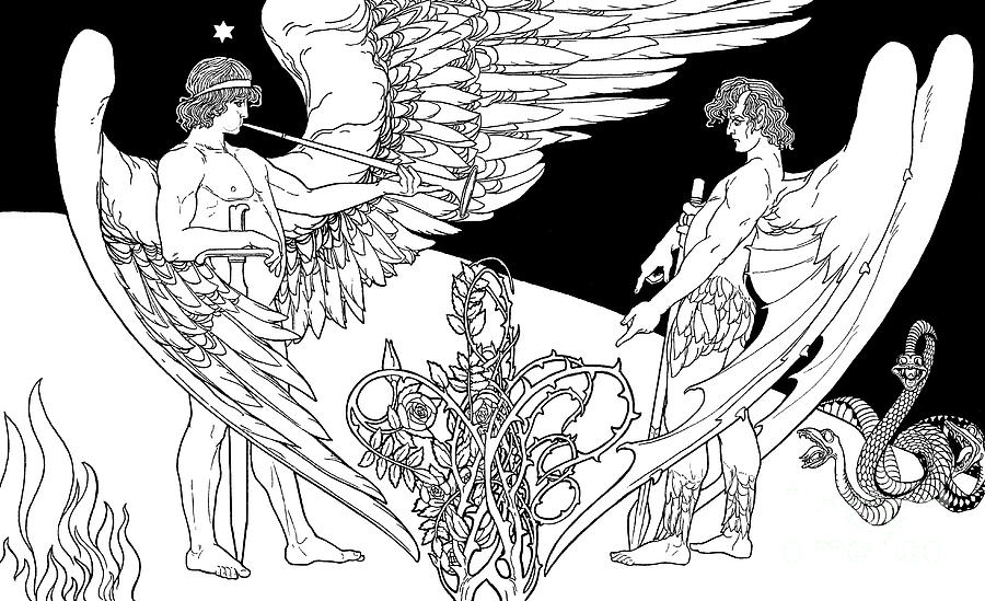 Ephraim Moses Lilien illustration of The Angels, Gabriel on left and Satan on the right Drawing by Ephraim Moses Lilien