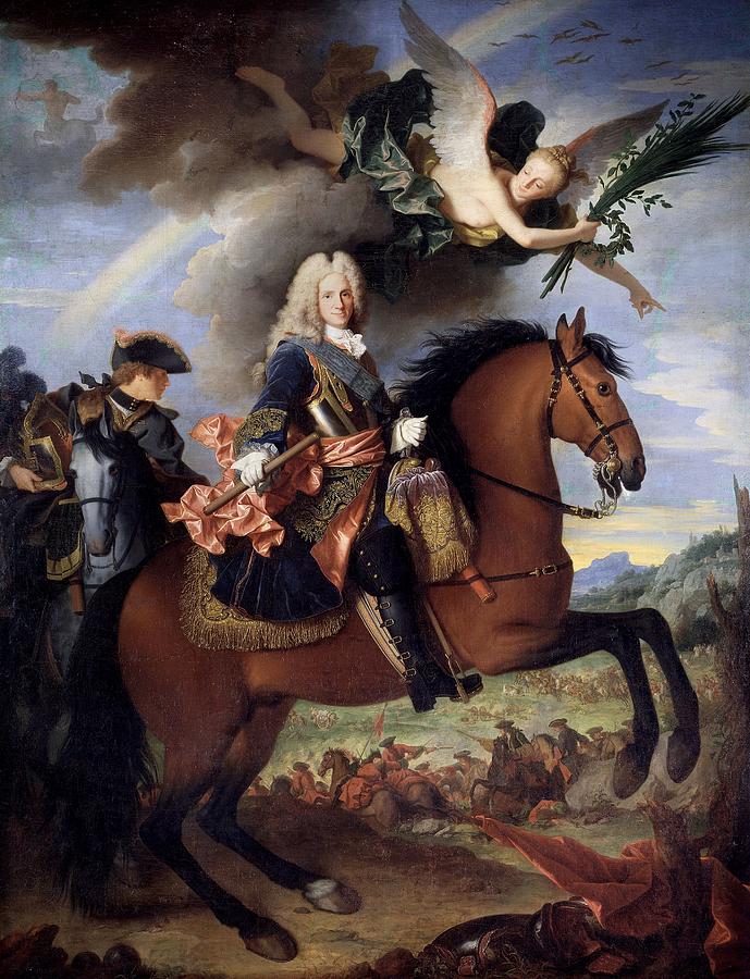 Equestrian Portrait of Philip V, ca. 1723, French School, Oil on canvas, 335 cm x ... Painting by Jean Ranc -1674-1735-