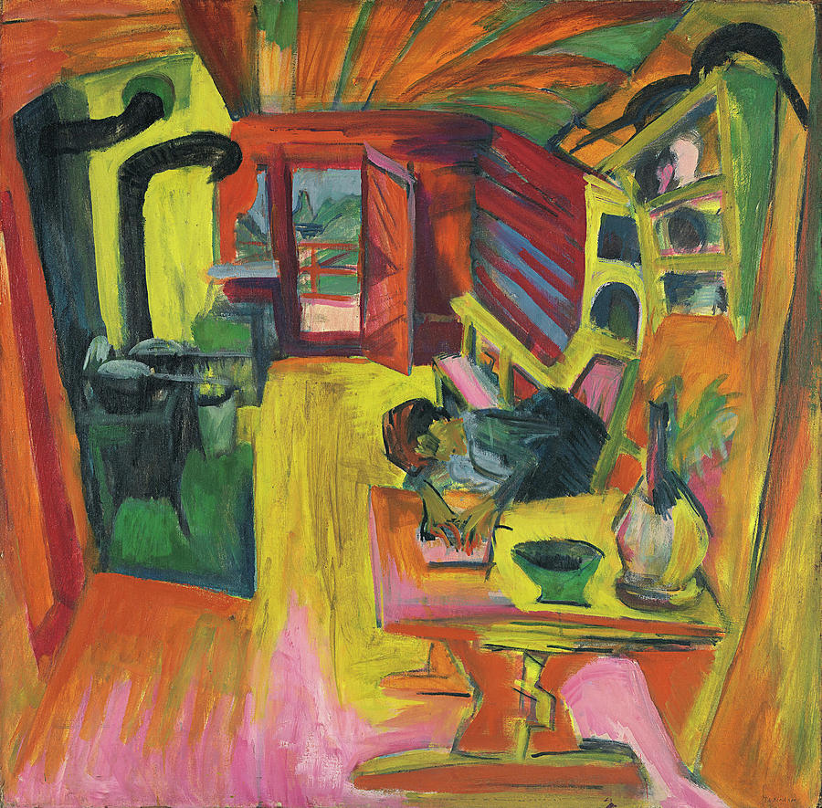 Ernst Ludwig Kirchner -Aschaffenburg, 1880-Frauenkirch, 1938-. Alpine Kitchen -1918-. Oil on canv... Painting by Ernst Ludwig Kirchner -1880-1938-