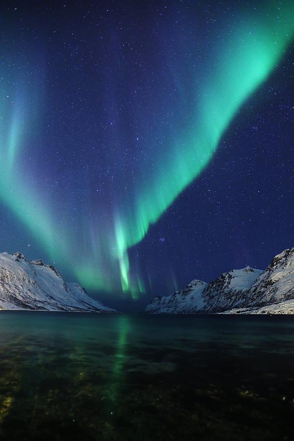 Mountain Photograph - Ersfjord Aurora by David Broome