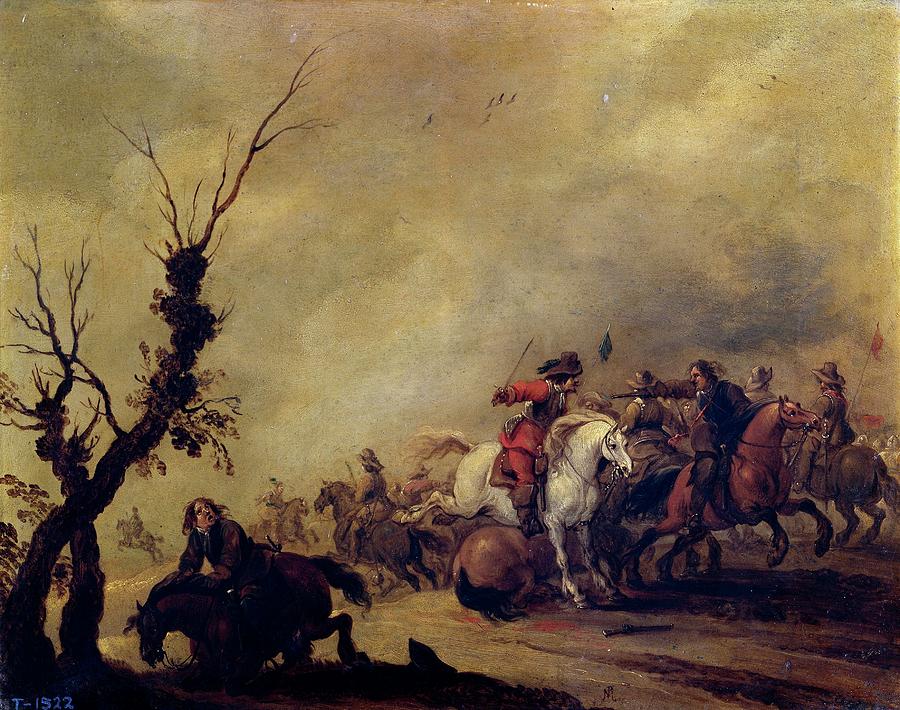 Escaramuza de caballeria, First half 17th century, Flemish School, Oil on cop... Painting by Pieter Meulener -1602-1654- Escaramuza de caballeria, First half 17th century, Flemish School, Oil on cop... Painting by Pieter Meulener -1602-1654-