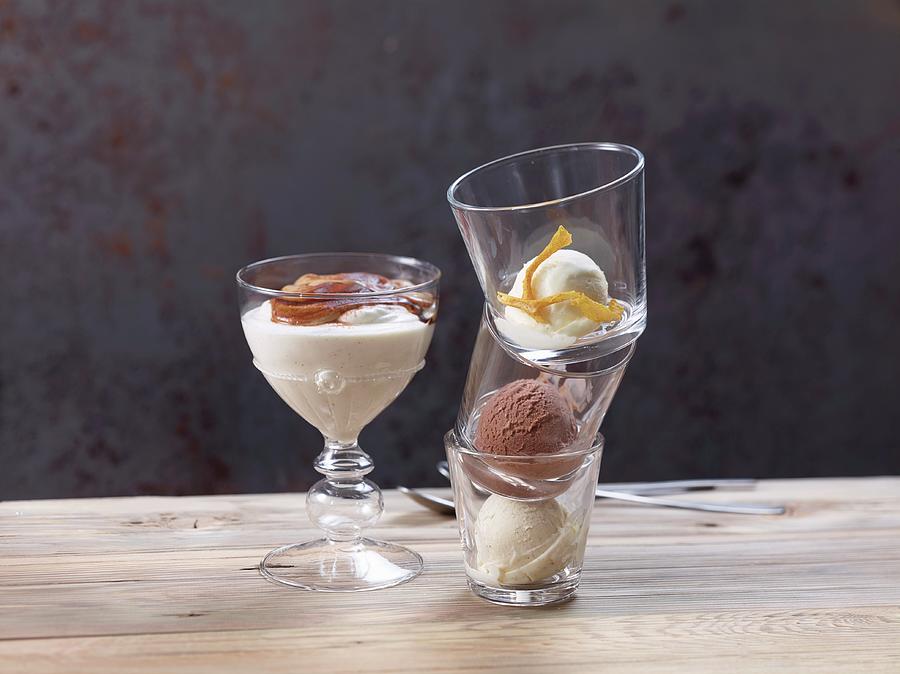 Espresso-on-top Dessert And Lemon, Vanilla And Chocolate Ice Cream In Glasses Photograph by Nikolai Buroh