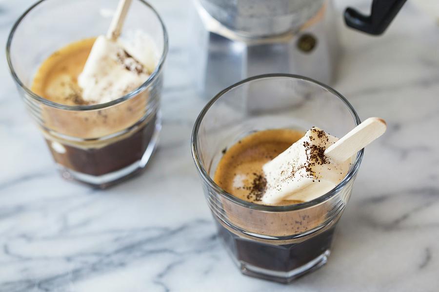 Espresso With Vanilla Ice Cream On Sticks Photograph by Nicole Godt