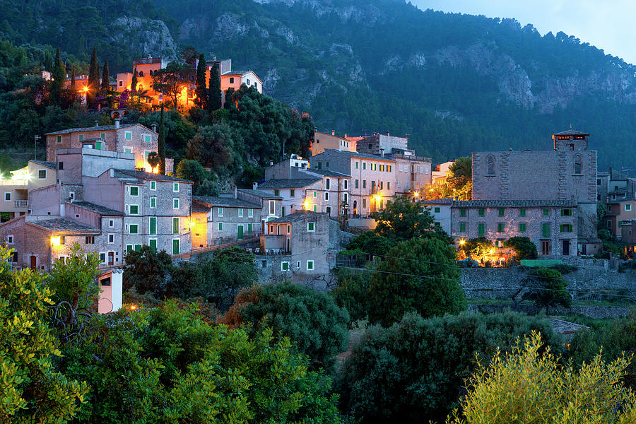 Estellencs Village At Dusk, La Tramuntana Mountain Range, Majorca ...