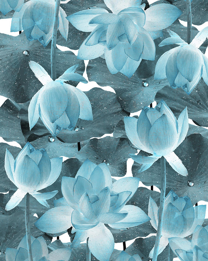 Ethereal Blue Lotus Flower - Tropical, Botanical Art - Blue Water Lily - Lotus Pattern - Decor Mixed Media by Studio Grafiikka