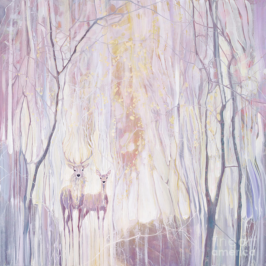 Ethereal - white deer in a white winter forest Painting by Gill Bustamante
