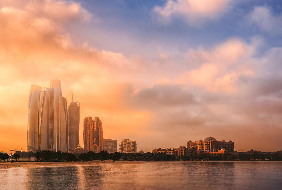 Sunset Photograph - Etihad Towers & Emirates Palace, Abu Dhabi, Uae by Mohamed Kazzaz
