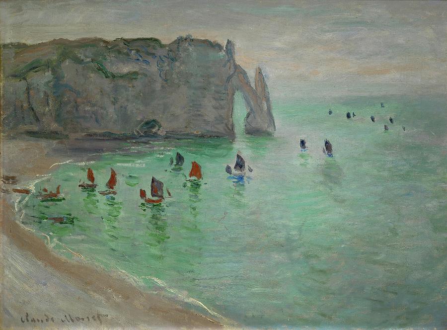 Etretat, La Porte dAval, Fishing Boats Leaving the Harbour. Painting by Claude Monet -1840-1926-