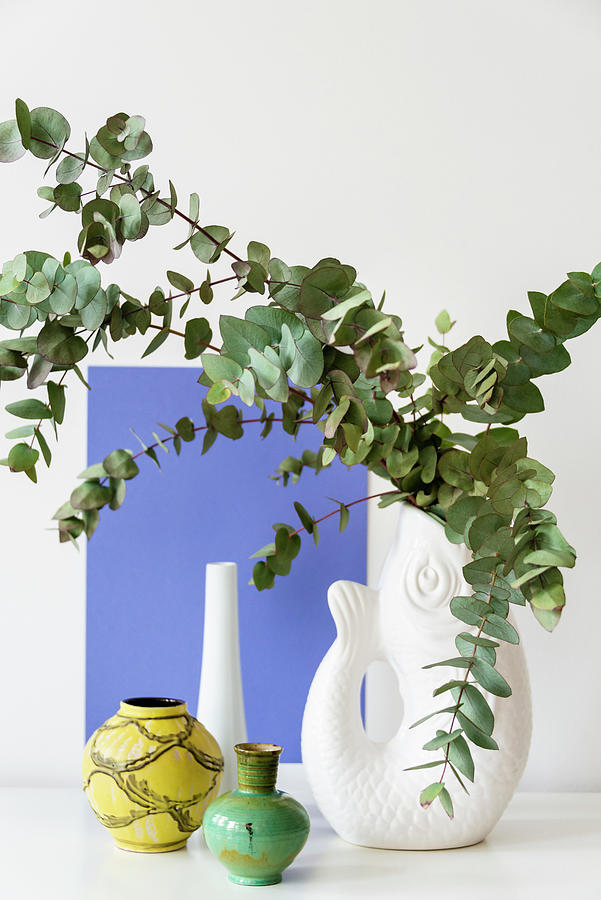 Eucalyptus Branches In Fish-shaped Vase And Collection Of Other Vases Photograph by Alexandra Dost