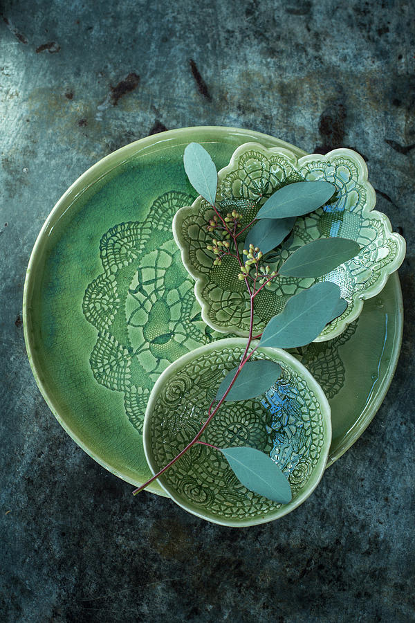 Eucalyptus Sprig Lying Across Green Ceramic Dishes Photograph by Katrin Winner