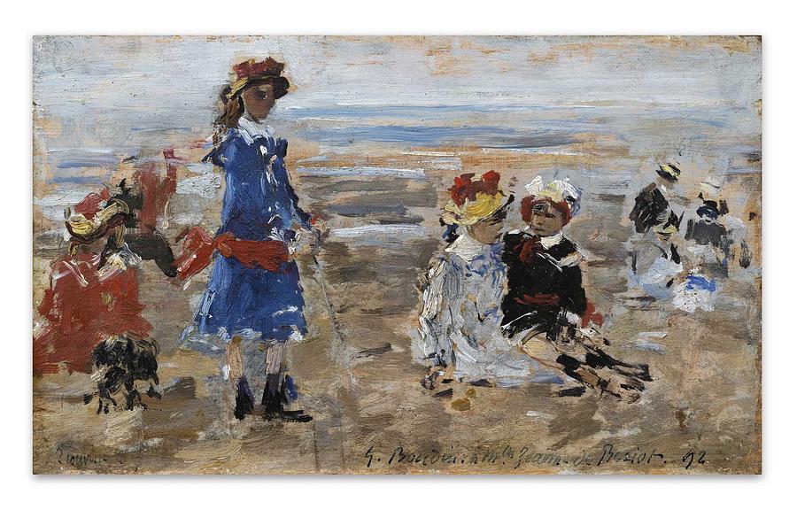 Summer Painting - Eugene Boudin 1824 - 1898 THE CHILDREN OF BERIOT ON THE BEACH by Celestial Images