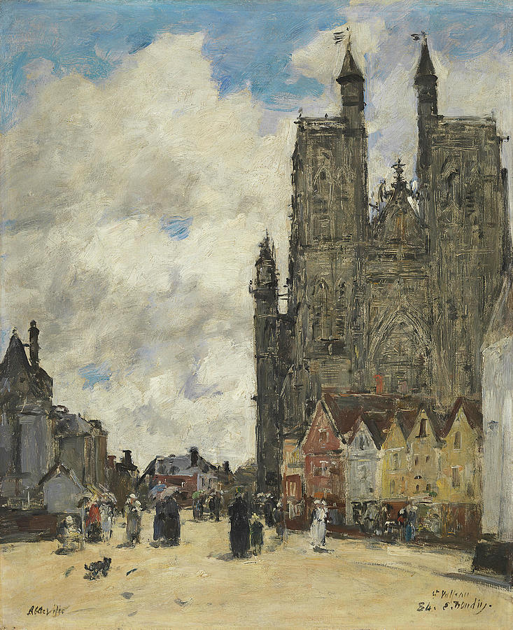 Eugene Boudin -Honfleur, 1824-Deauville, 1898-. The Square of the Church of Saint Vulfran in Abbe... Painting by Eugene Boudin -1824-1898-