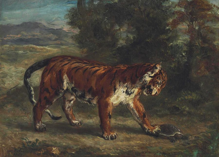 Eugene Delacroix  1798-1863 Tiger Playing With A Turtle Painting