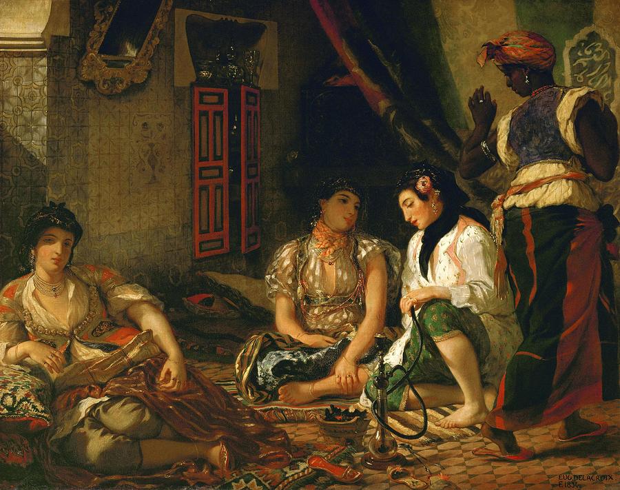 Eugene Delacroix / The Women of Algiers -In Their Apartment-, 1834, Oil on canvas, 180 x 229 cm. Painting by Eugene Delacroix -1798-1863-