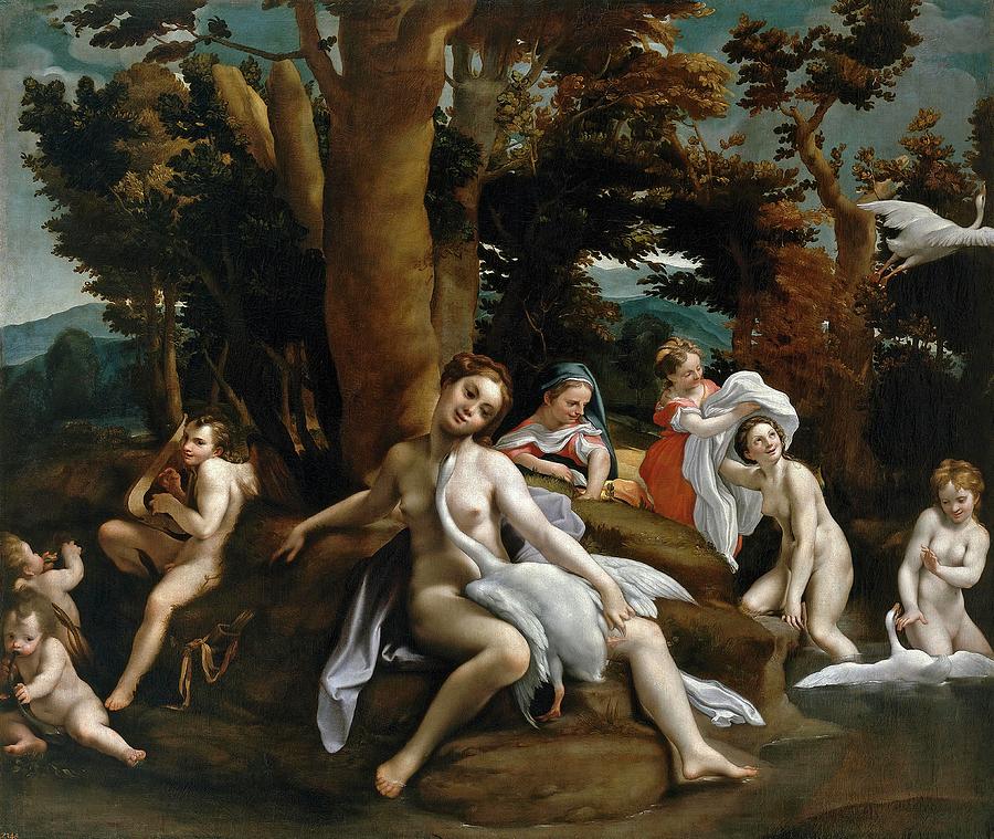 Eugenio Cajes / Leda and the Swan, 1604, Spanish School, Oil on canvas, 165 cm x 193 cm, P00120. Painting by Eugenio Caxes -1574-1634- Eugenio Cajes / Leda and the Swan, 1604, Spanish School, Oil on canvas, 165 cm x 193 cm, P00120. Painting by Eugenio Caxes -1574-1634-
