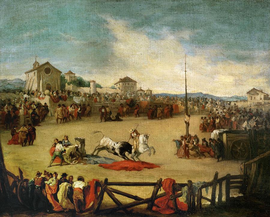 Eugenio Lucas Velazquez Painting - Eugenio Lucas Velazquez / Bull Fight in a Village, Oil on canvas. by Eugenio Lucas Velazquez -1817-1870-