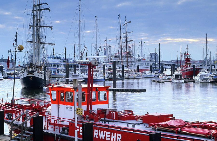Boat Photograph - Europe, Germany, Hamburg, Port Of Hamburg, Fireboat In Hamburgs Inner Harbour by H.& D. Zielske