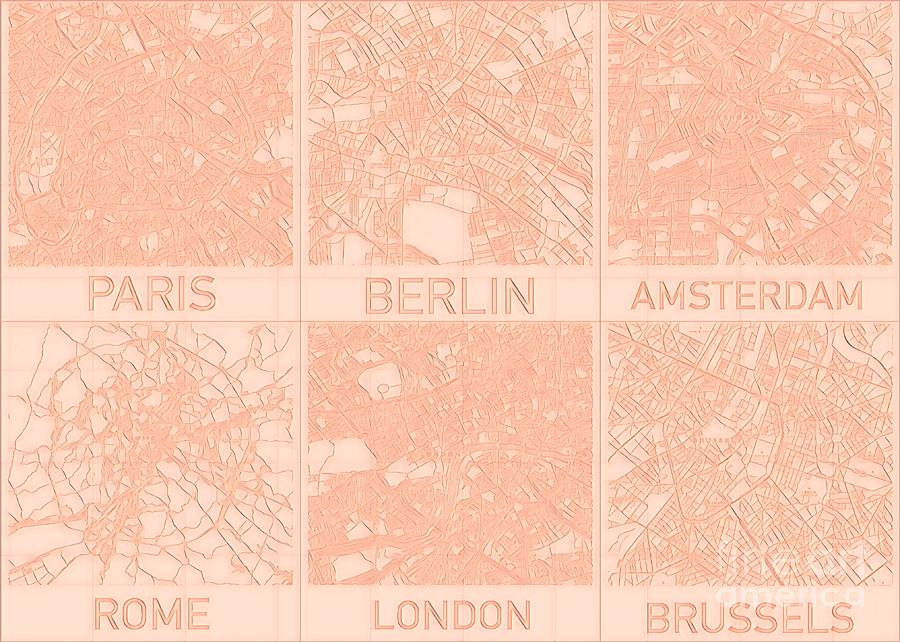 European Capital Cities Blueprint Maps Digital Art by HELGE Art Gallery