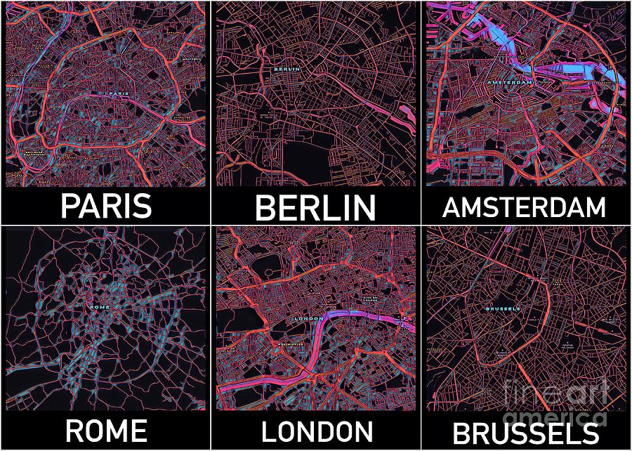 European Capital Cities Maps Digital Art by HELGE Art Gallery