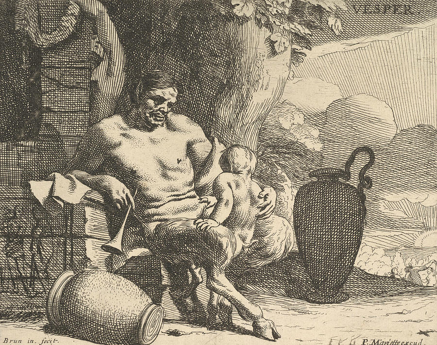 Evening - a seated satyr clasps his child Relief by Charles Le Brun