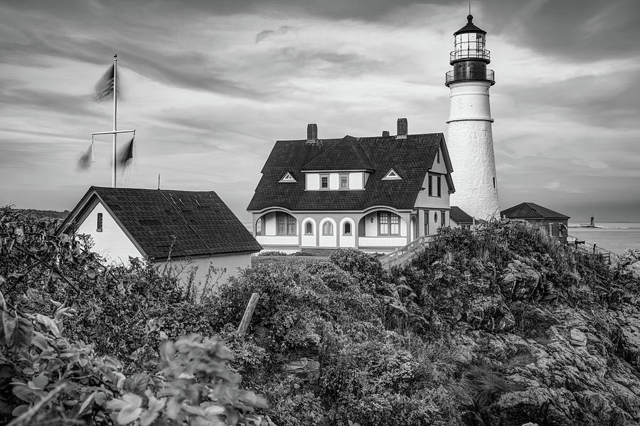 Black And White Photograph - Evening at Portland Head Light - Maine Monochrome by Gregory Ballos
