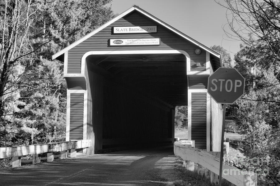 Evening At The Slate Covered Bridge Black And White Photograph by Adam Jewell