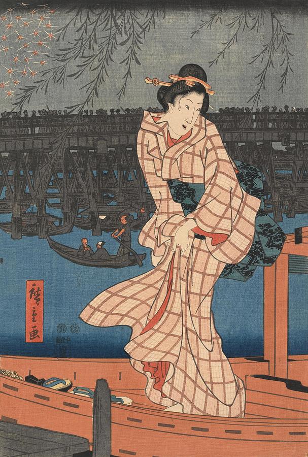 Evening Cool and Great Fireworks at Ryogoku, central sheet of a triptych. Painting by Utagawa Hiroshige
