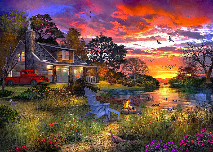Evening Country Cabin Painting by MGL Meiklejohn Graphics Licensing