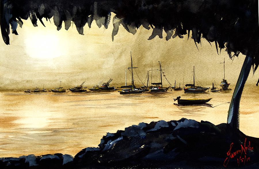 Sunset Painting - Evening, Deshaies Harbor, Guadaloupe by James Nyika Sunset Painting - Evening, Deshaies Harbor, Guadaloupe by James Nyika