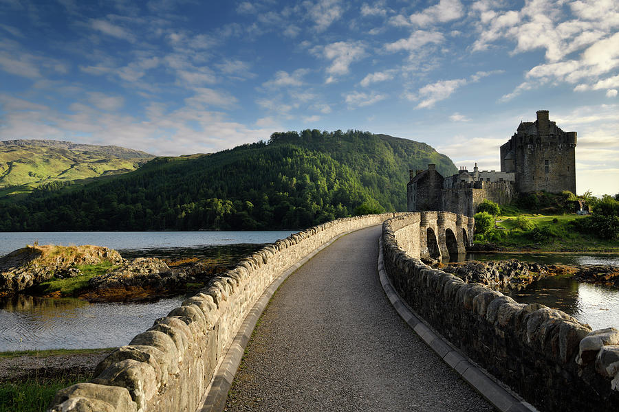 Evening light on new stone arch footbridge to restored Eilean Do ...