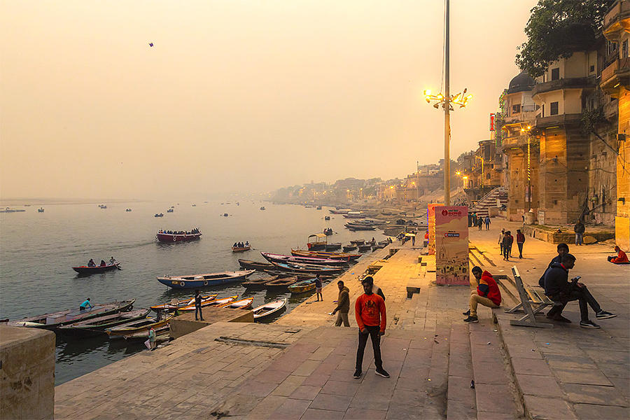 Boat Photograph - Evening Twilight Along Varanasi Ghats by Souvik Banerjee