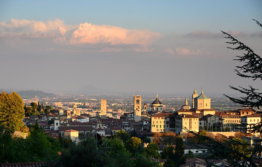 Evening View Of The Upper Town With Its Towers And Churches, Bergamo, Lombardy, Italy Photograph by Thomas Stankiewicz