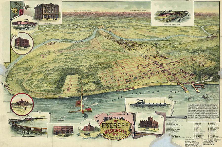 Everett Washington Antique Map Pictorial or Birdseye Map 1893 Drawing ...