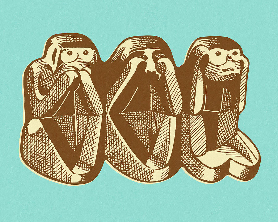 Vintage Drawing - Evil 3 Monkies by CSA Images