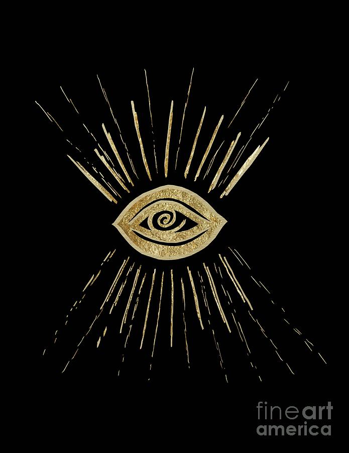 Ink-pen Mixed Media - Evil Eye Gold on Black #1 #drawing #decor #art by Anitas and Bellas Art