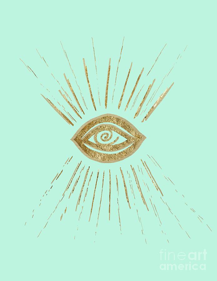 Ink-pen Drawing - Evil Eye Gold on Mint #1 #drawing #decor #art by Anitas and Bellas Art