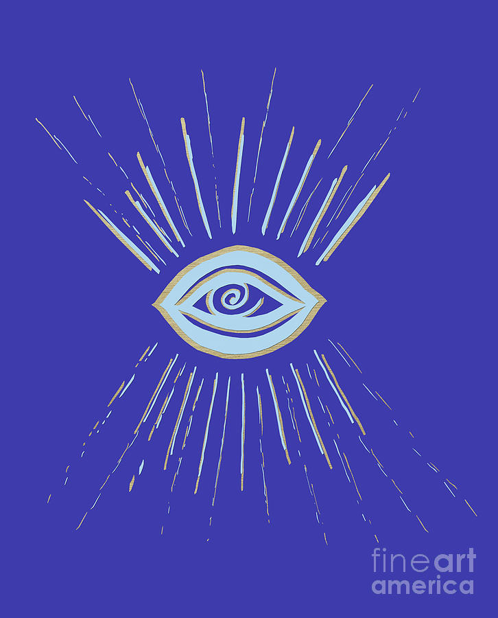 Ink-pen Mixed Media - Evil Eye Soft Blue Gold on Blue #1 #drawing #decor #art  by Anitas and Bellas Art