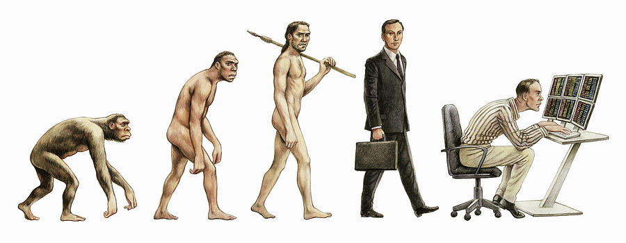 Evolution Stages Of Man Walking To Bent Photograph by Ikon Images