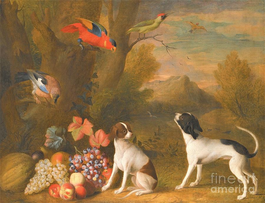 Exotic birds two dogs Painting by Thea Recuerdo