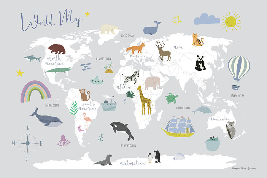 Animal Drawing - Explore The World Map Gray by Kasia Kucwaj-tybur