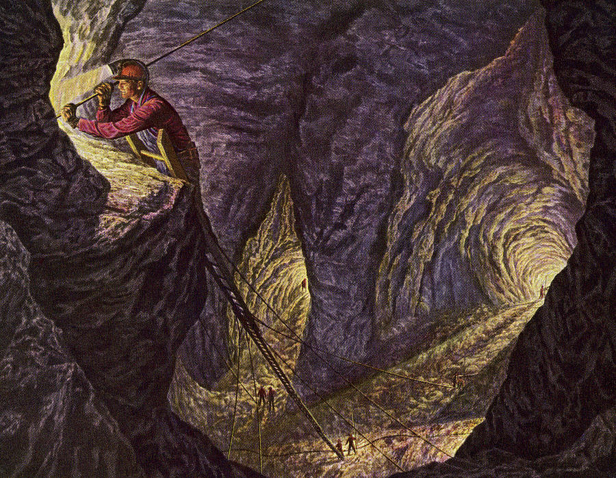 Vintage Drawing - Exploring a Cave by CSA Images