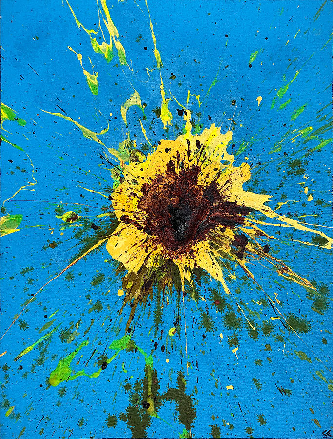 Yellow On Blue Painting - Explosion in Yellow #3 by Chris Crewe Yellow On Blue Painting - Explosion in Yellow #3 by Chris Crewe